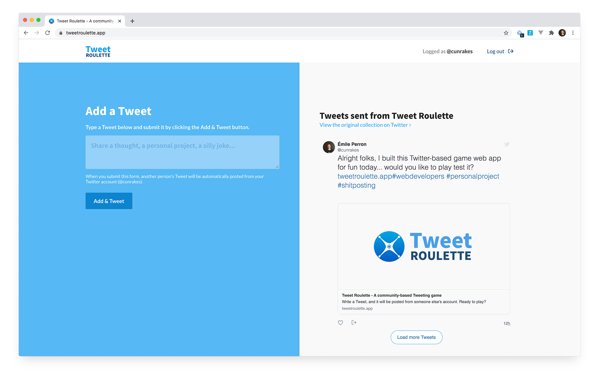 A preview of the Tweet Roulette app in a browser